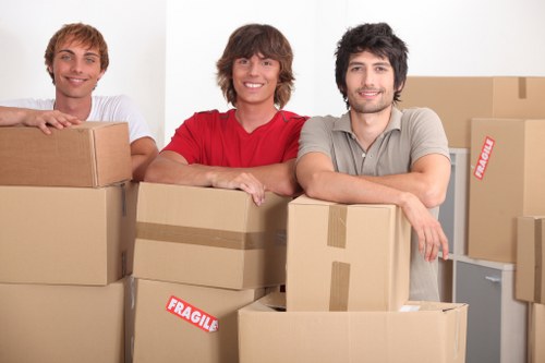 Three young men with light skin and casual clothing are smiling and standing behind a variety of stacked cardboard boxes in a brightly lit room, likely during a house move in Roehampton. The boxes are of different sizes, some with visible 'Fragile' labels, and appear to be filled with household items such as books, personal belongings, and small appliances. The man on the left is wearing a white t-shirt, the one in the middle is in a red t-shirt, and the man on the right is in a light grey polo shirt; all three are leaning on or resting their arms on the boxes, suggesting a moment during packing or unloading. The background shows a plain white wall, and the environment appears to be a residential interior, probably a living room or similar space, with no visible furniture or other contextual details. The scene captures the typical process of house removals, with an emphasis on a friendly, professional depiction relevant to Roehampton’s local homeowners seeking reliable removal services from Roehampton Man with Van in SW15 postcode area.